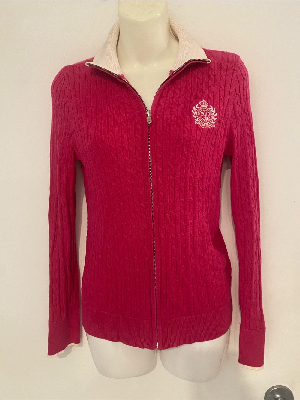 Ralph Lauren Pink Cable-Knit Zip Cardigan w white Contrast Collar Size Small
